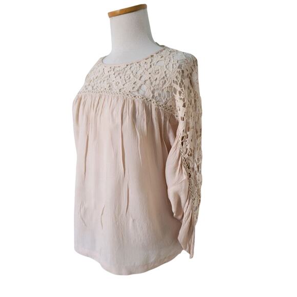 Boho Chic Tunic Blouse Crochet lace Taupe Love Stitch M Cottagecore Whimsy - Picture 4 of 15